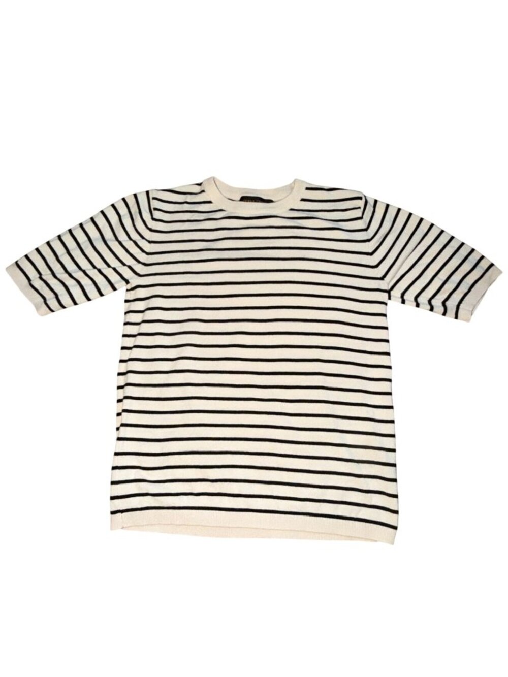 TRUTH By Republic Womens Knit Striped Short Sleeve Sweater-Cream/Black-S-GUC